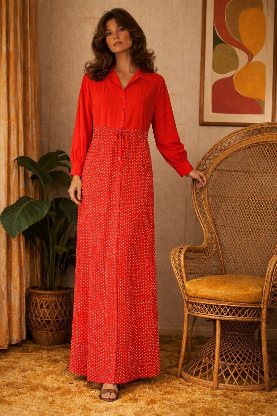 Vtg Butterfield 8 Coral Polka Dot Maxi Dress Duster Hostess Gown Robe Medium